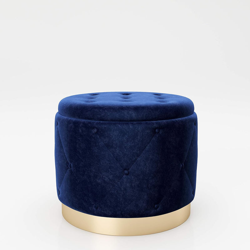 PLAYBOY Pouf mit Stauraum, goldenem Metallfuss, Samtbezug mit Chesterfield-Optik in Blau, Sitzbox mi