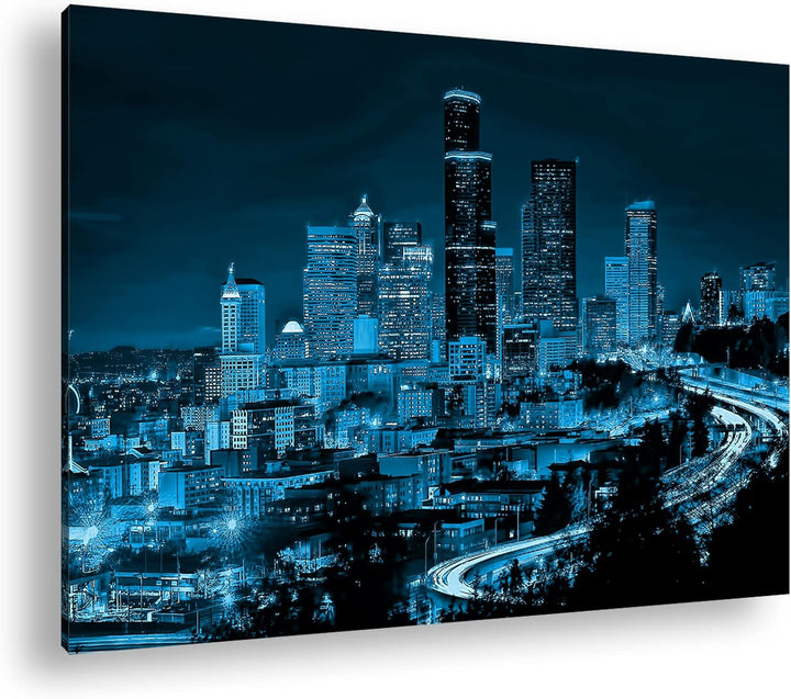 deyoli belebte Skyline von Seattle bei Nacht Format 80x60 Effekt: Monocrome Blau als Leinwandbild, M