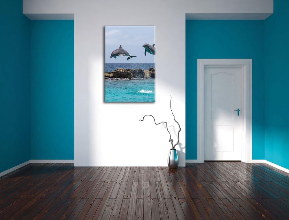 springende Delphine, Format: 100x70 auf Leinwand, XXL riesige Bilder fertig gerahmt mit Keilrahmen,