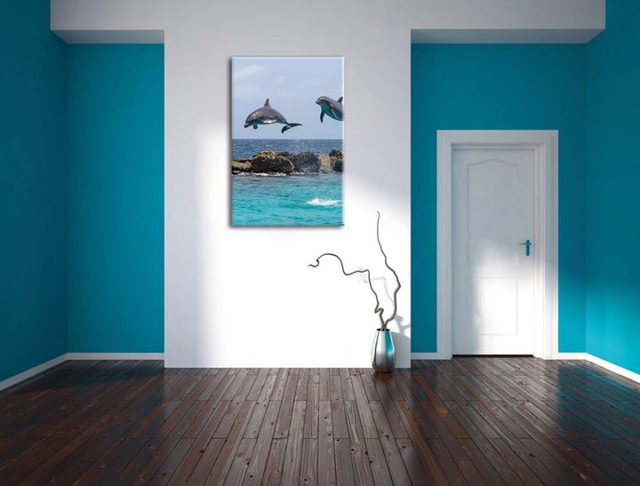 springende Delphine, Format: 100x70 auf Leinwand, XXL riesige Bilder fertig gerahmt mit Keilrahmen,