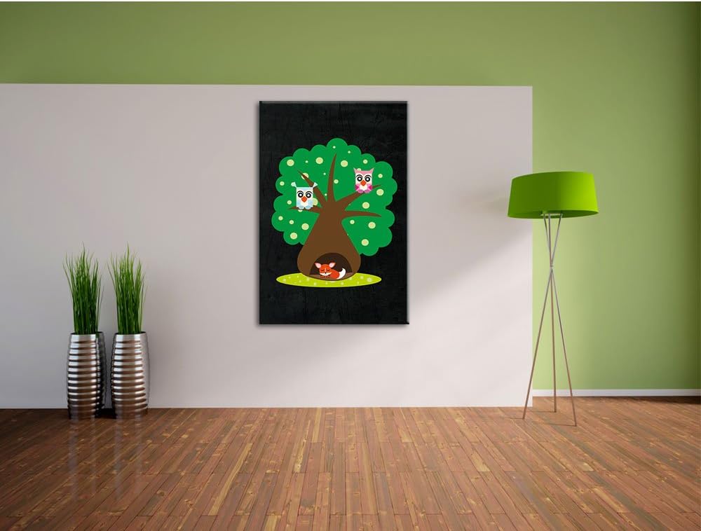 Pixxprint Baum mit niedlichen Eulen und süssem Fuchs schwarz, Format: 70x100 auf hochkantiges Leinwa