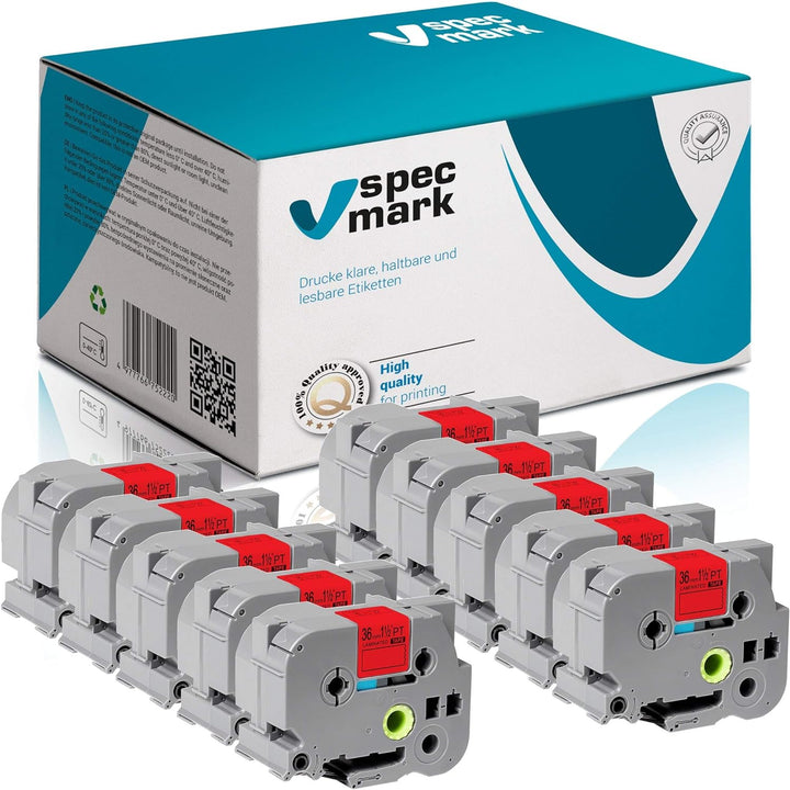 specmark Schriftband TZe-465 36mm x 8m Satz x 10 St. Weiss auf Rot Band kompatibel mit Drucker Broth