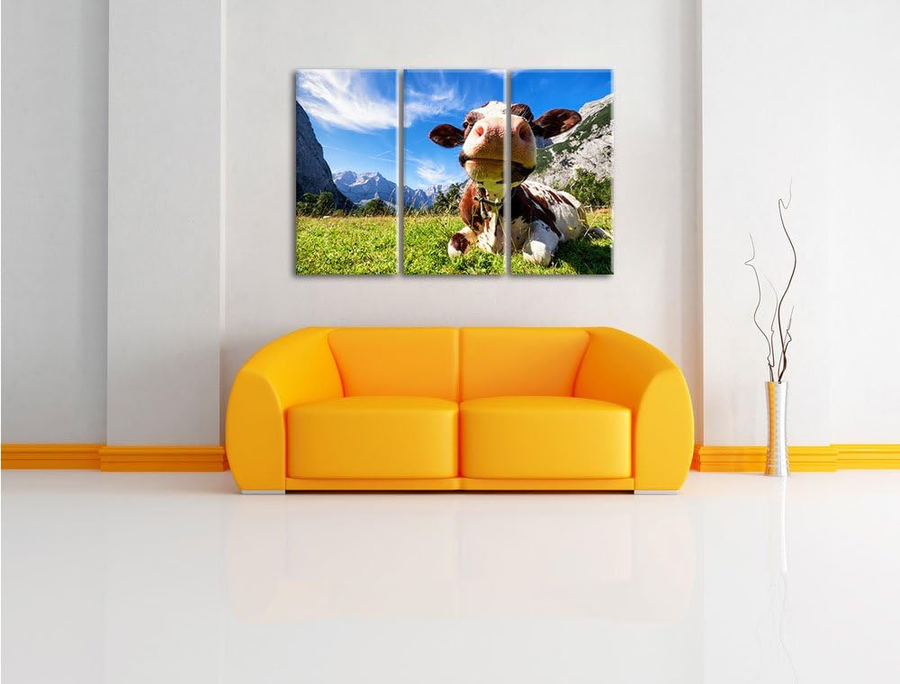 Pixxprint Kuh im Karwendelgebirge als Leinwandbild | Grösse: 3 Teilig (120x80) | Wandbild| Kunstdruc