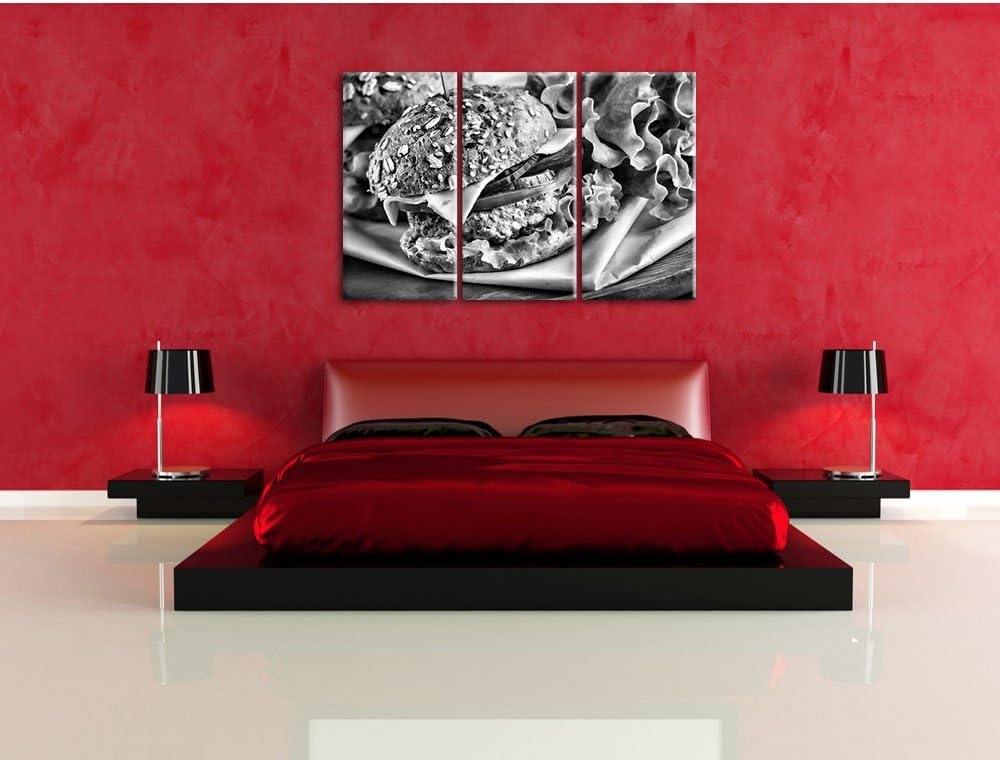 Pixxprint Monocrome, Köstlicher Hamburger 3-Teiler Leinwandbild 120x80 Bild auf Leinwand