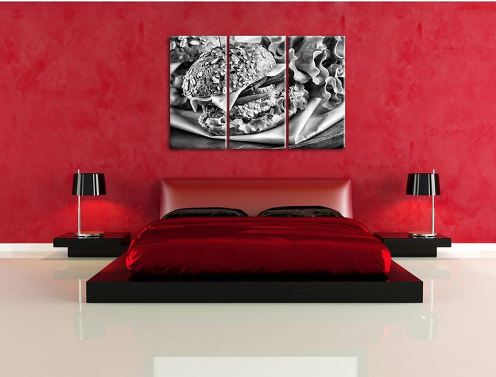 Pixxprint Monocrome, Köstlicher Hamburger 3-Teiler Leinwandbild 120x80 Bild auf Leinwand