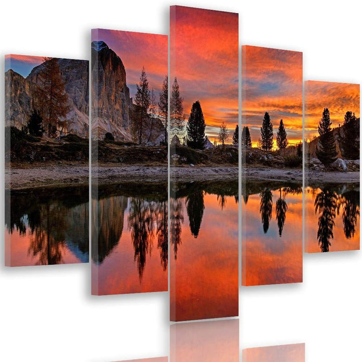 Bilder Landschaft 100x70 cm - Leinwandbild - 5 Teilig - Kunstdruck Berg See rot Leinwandbild 100x70