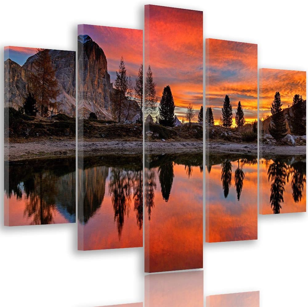 Bilder Landschaft 200x100 cm - Leinwandbild 5 Teilig XXL Kunstdruck Berg See rot Leinwandbild XXL 20