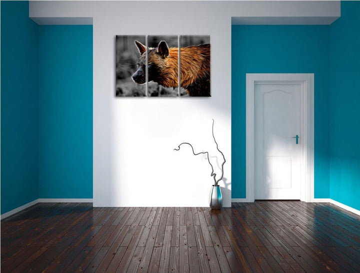 anmutige Hyäne im Wildgras schwarz/weiss Deluxe 3-Teiler Leinwandbild 120x80 Bild auf Leinwand, XXL