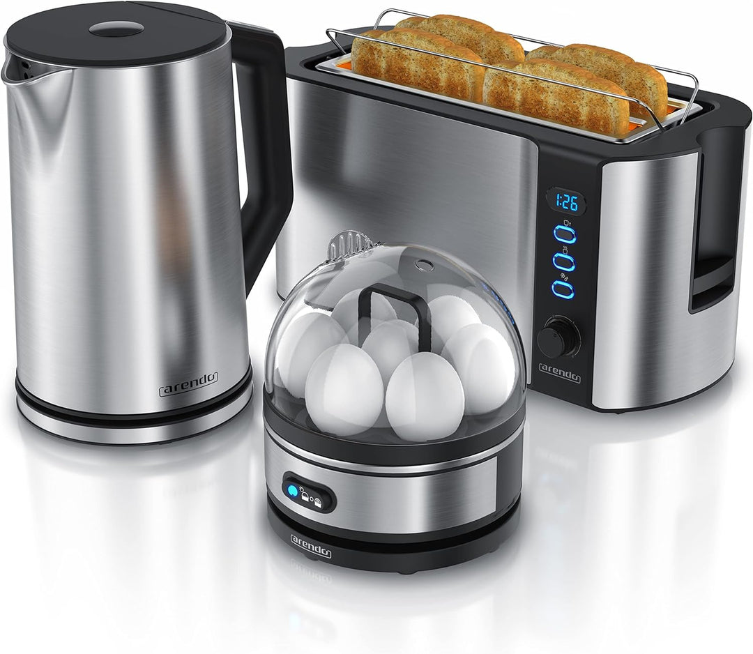 Arendo - Wasserkocher mit Toaster SET und Eierkocher, Edelstahl Silber Wasserkocher 1,5L 40° - 100°C