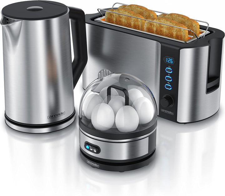 Arendo - Wasserkocher mit Toaster SET und Eierkocher, Edelstahl Silber Wasserkocher 1,5L 40° - 100°C