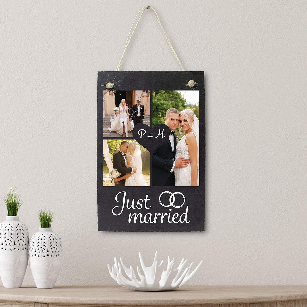 wandmotiv24 Schiefertafel Hochzeit Just Married, Aufhängeschild mit Strick, Personalisierbar Digital