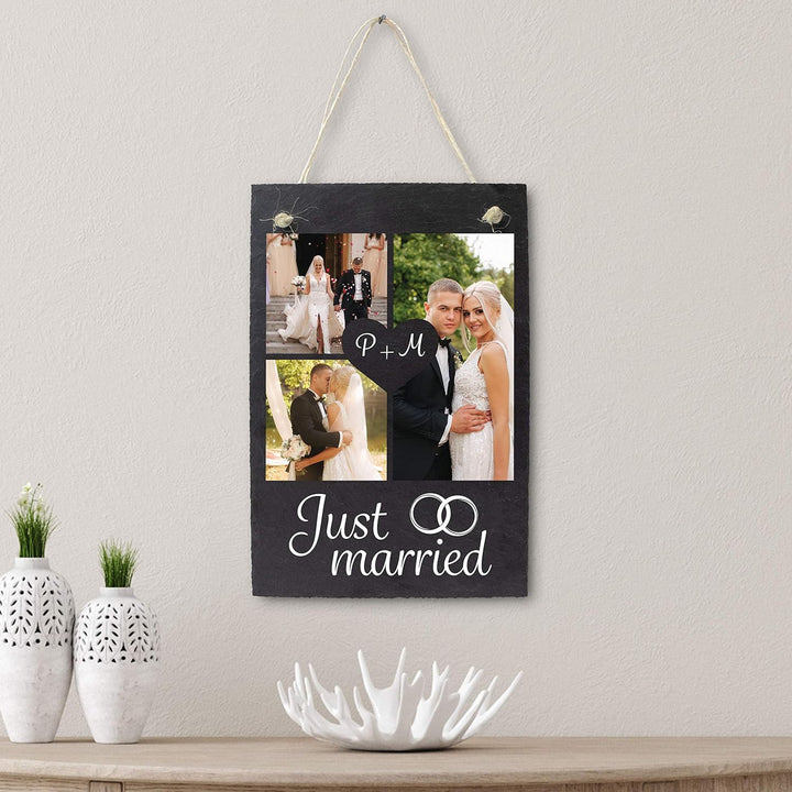 wandmotiv24 Schiefertafel Hochzeit Just Married, Aufhängeschild mit Strick, Personalisierbar Digital