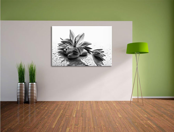 Pixxprint Düstere Lilie mit Zen Steinen als Leinwandbild | Grösse: 100x70 | Wandbild| Kunstdruck | f