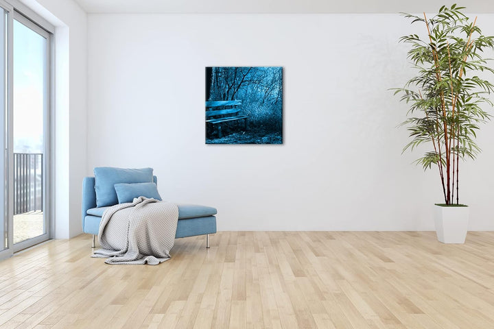 deyoli einsame Bank im Wald Format: 60x60 Effekt: Monocrome Blau als Leinwandbild, Motiv fertig gera