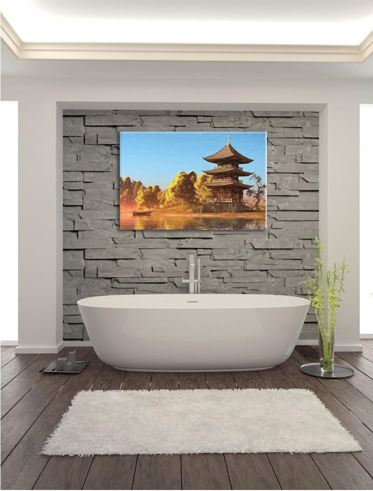 Pixxprint prachtvoller asiatischer Tempel an See Kunst Buntstift Effekt, Format: 100x70 auf Leinwand