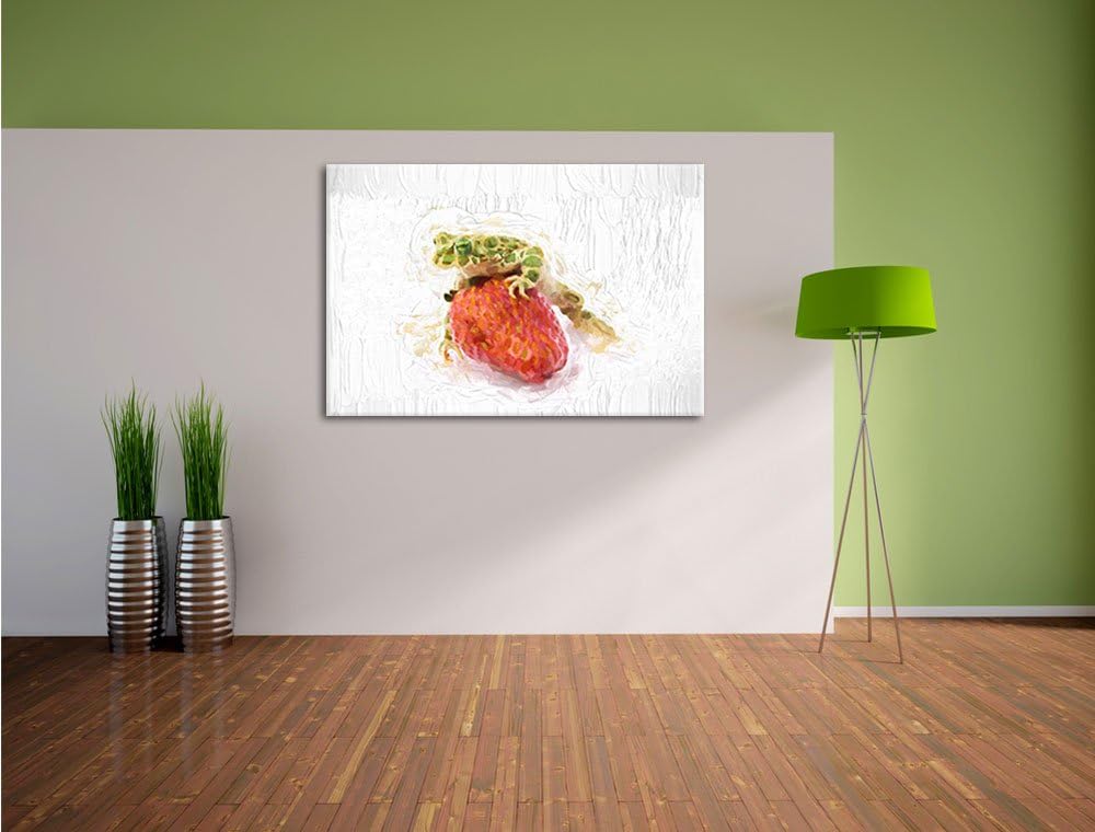 Pixxprint Frosch mit Erdbeere als Leinwandbild/Grösse: 100x70 cm/Wandbild/Kunstdruck/fertig bespannt
