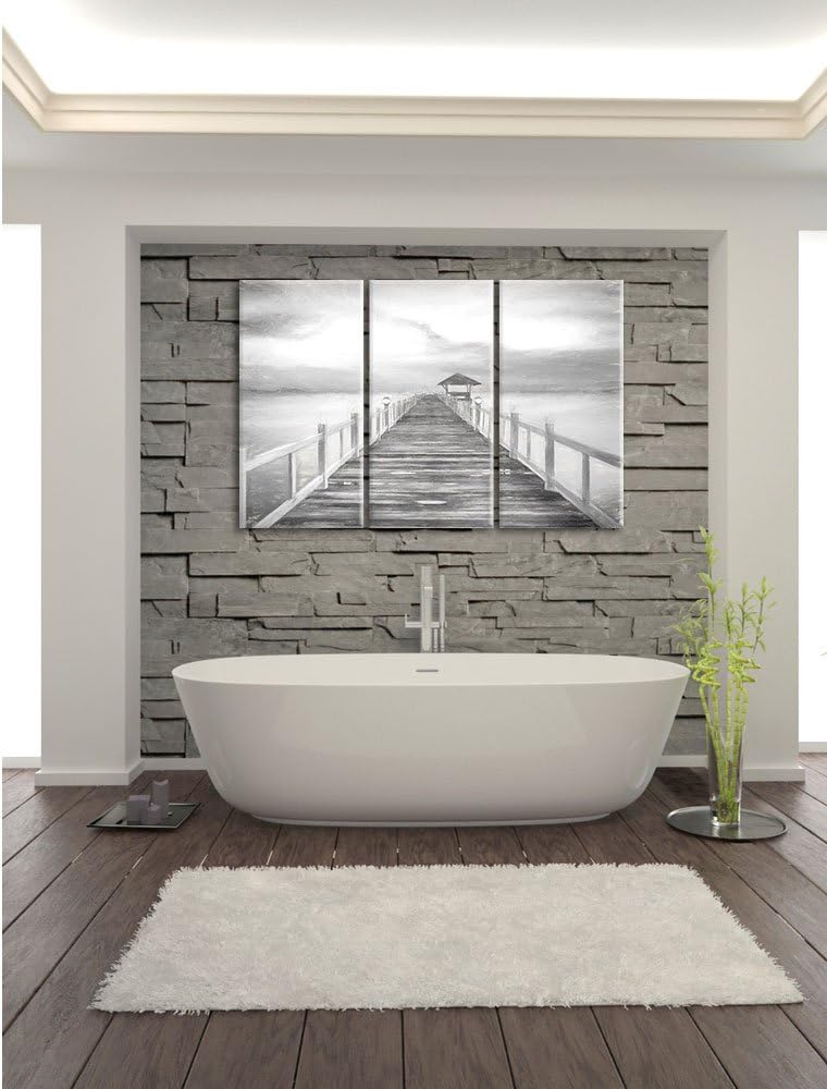 Pixxprint Steg ins Meer bei Sonnenuntergang Kohle Zeichnung Effekt 3-Teiler Leinwandbild 120x80 Bild