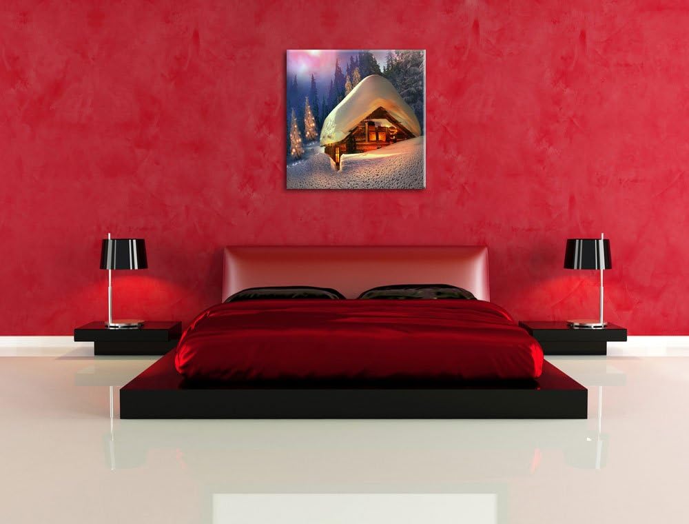 Pixxprint Hütte in Schneelandschaft / 70x70cm Leinwandbild bespannt auf Holzrahmen/Wandbild Kunstdru