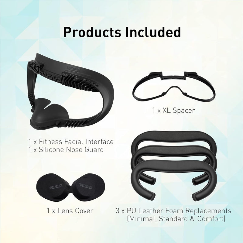 VR Cover Fitness Facial Interface and Foam Comfort Set with XL Spacer for Oculus/Meta Quest 2 (Dark