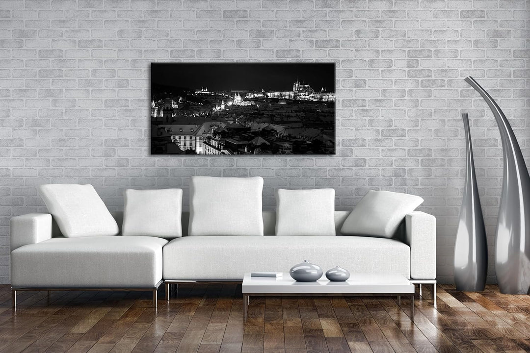 Prag bei Nacht Panorama 100x50 cm Effekt: Schwarz/Weiss als Leinwandbild, Motiv fertig gerahmt auf E