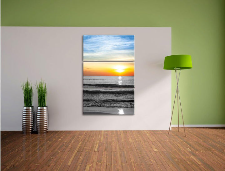 Pixxprint Malibu Beach Sunrise Water Sand als Leinwandbild/Grösse: 3 Teilig (120x80) cm/Wandbild/Kun