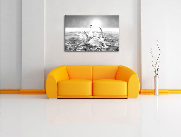 Pixxprint anmutige Schwäne Spritzen in den Wellen des Meeres Kunst B&W, Format: 100x70 auf Leinwand,