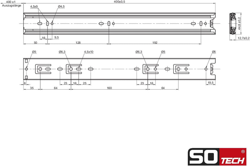 SOTECH 4 Paar (8 Stück) Vollauszüge KV1-45-H45-L400-NF 400 mm (eingeschoben) Teleskopschiene kugelge