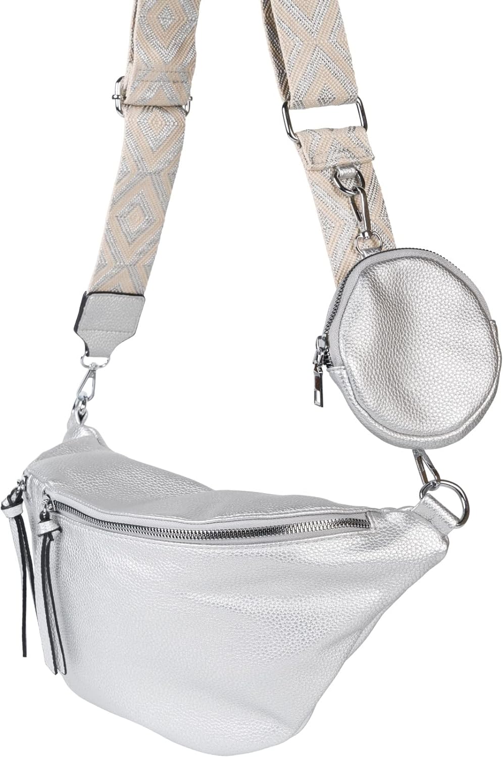 styleBREAKER Damen Halbmond Crossbody Schultertaschen Set 3-Teilig, Schultergurt mit Muster, Schlüss