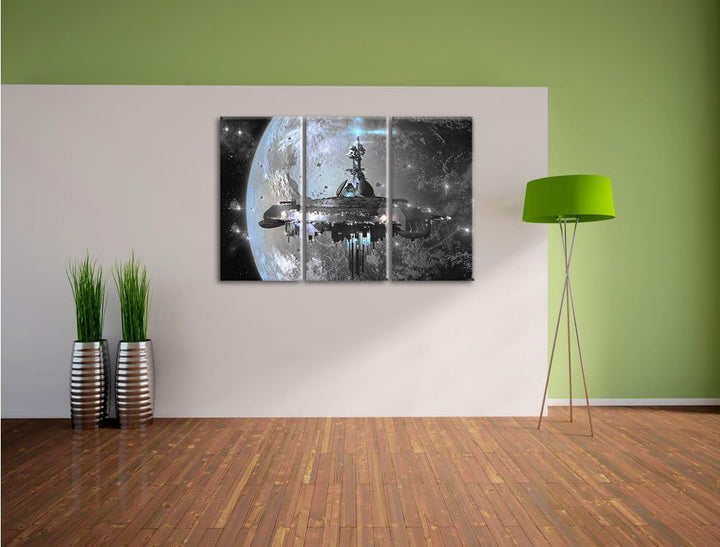 Pixxprint Raumschiff vor der Erde als Leinwandbild/Grösse: 3 Teilig (120x80 cm) cm/Wandbild/Kunstdru