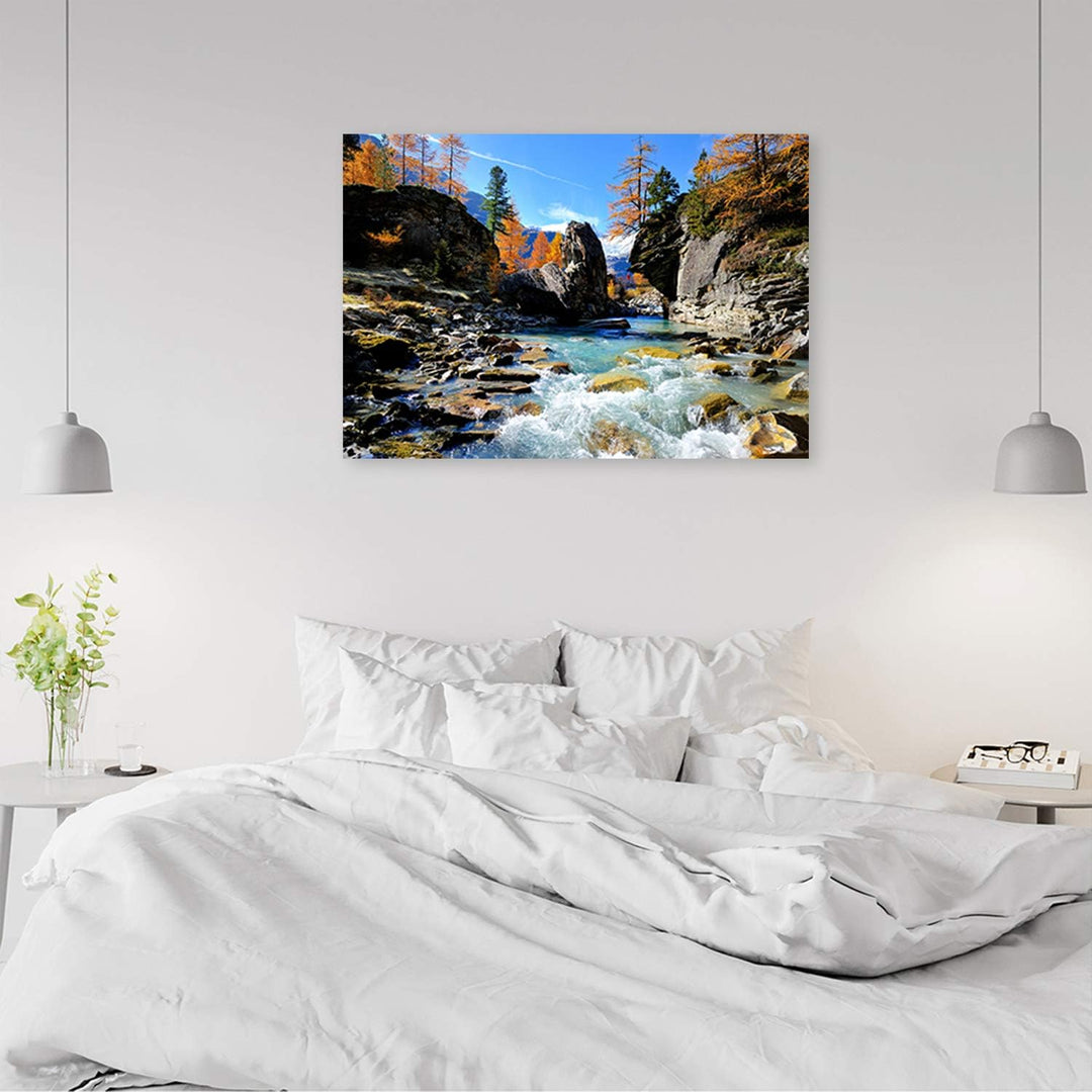 Wandbild Fluss Modern Deko Kunst Bilder Herbst Blau 90x60 cm