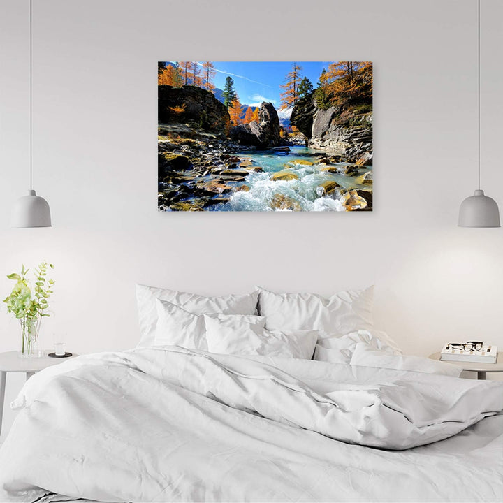 Wanddeko Fluss Kunst modern Bilder Herbst Blau 100x70 cm