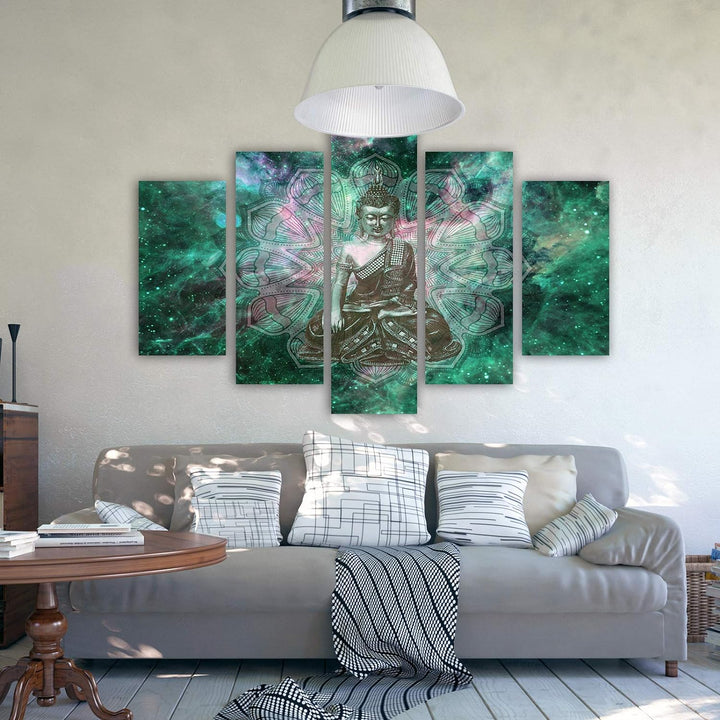 Feeby Bilder Abstrakt 300x140 cm Leinwandbild 5 Teilig XXL Kunstdruck modern Buddha grün Leinwandbil