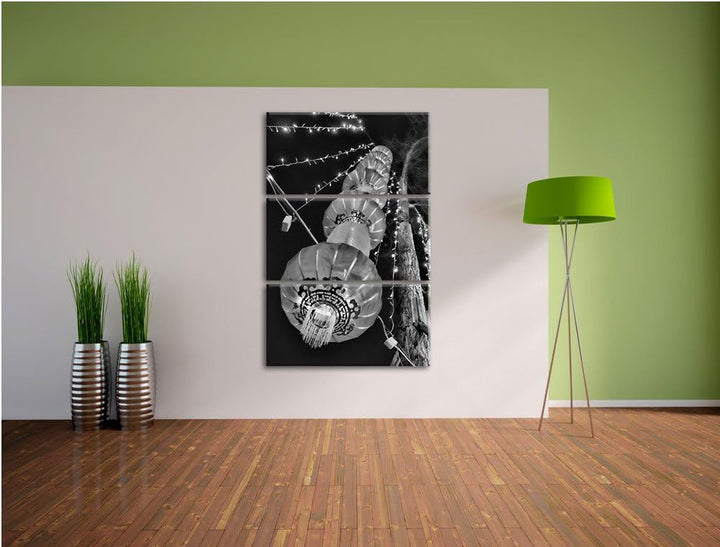 Pixxprint Monocrome, traditionelle chinesische Lampions 3-Teiler Leinwandbild 120x80 Bild auf Leinwa