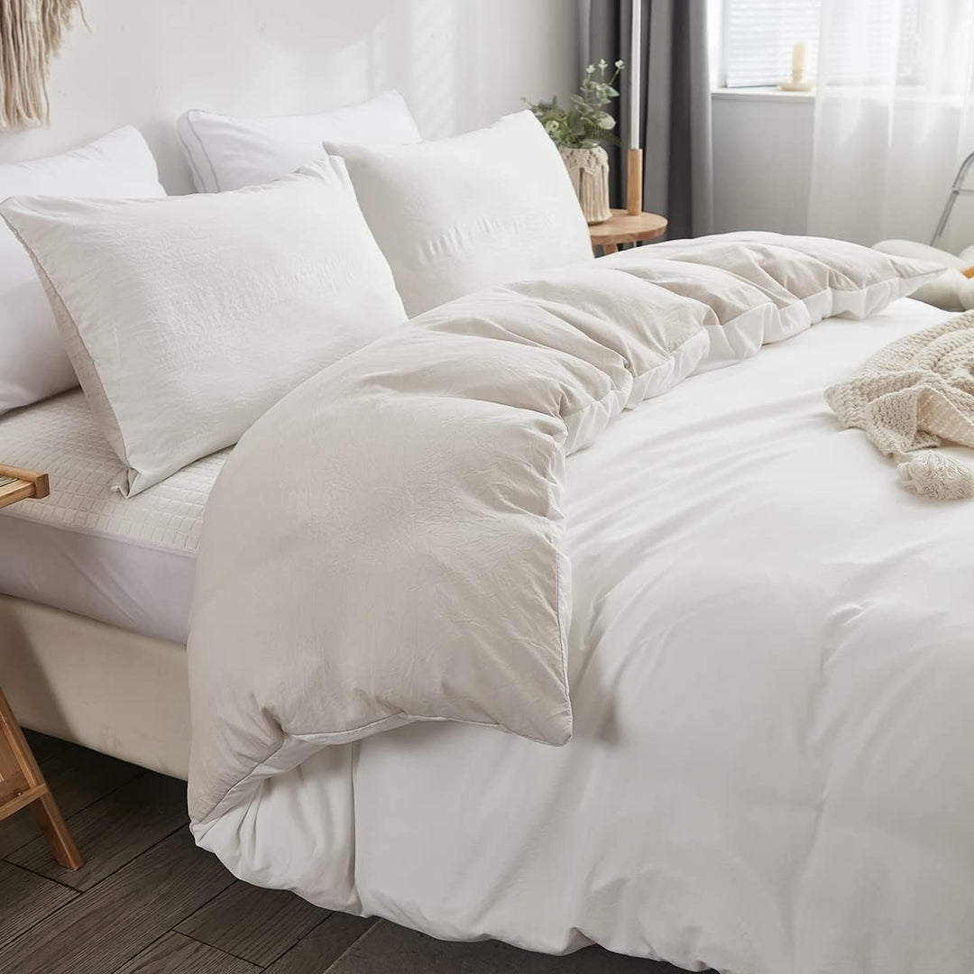 Freyamy Wendbar Bettwäsche 135x200cm 2teilig Weiss Beige Unifarben Uni Wendebettwäsche Gewaschene Mi