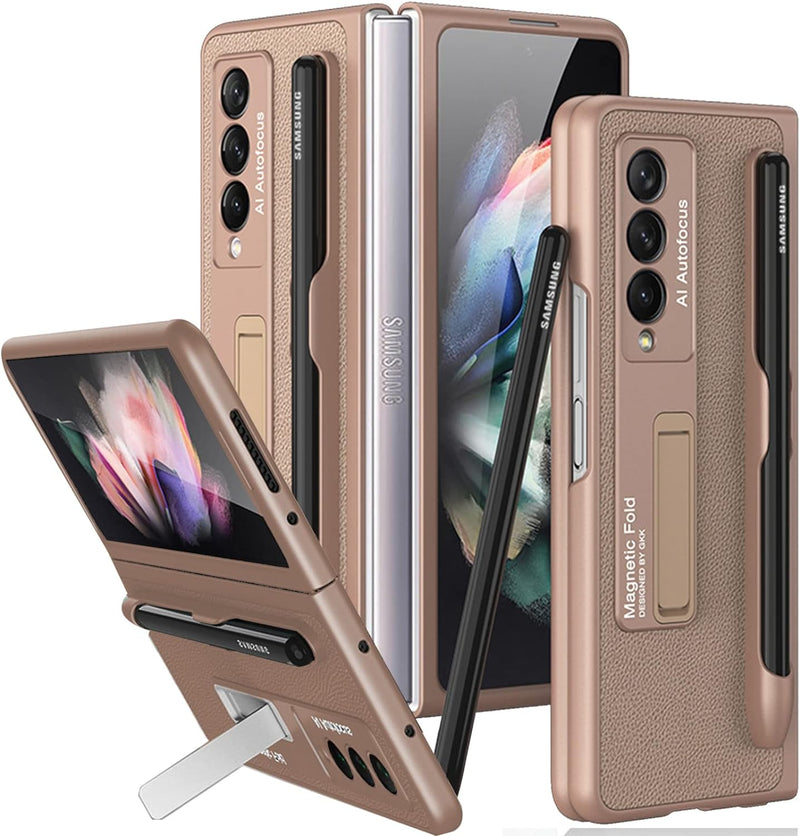 Miimall für Samsung Galaxy Z Fold 3 Hülle mit Stifthalter,Premium Leder Schutzhülle Ultradünn Metall