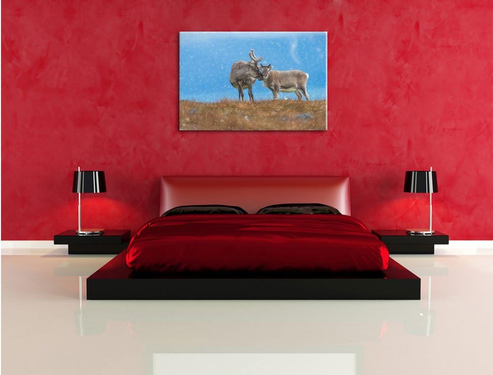 Pixxprint Rentiere die miteinander schmusen / 100x70cm Leinwandbild bespannt auf Holzrahmen/Wandbild