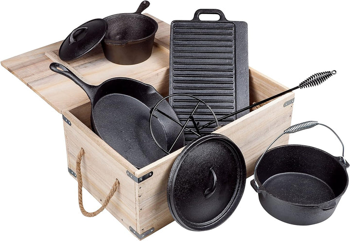 Spetebo Dutch Ofen Set aus Gusseisen in Holzkiste - 9-teilig - Grill Gusspfanne Grillpfanne Töpfe Gu