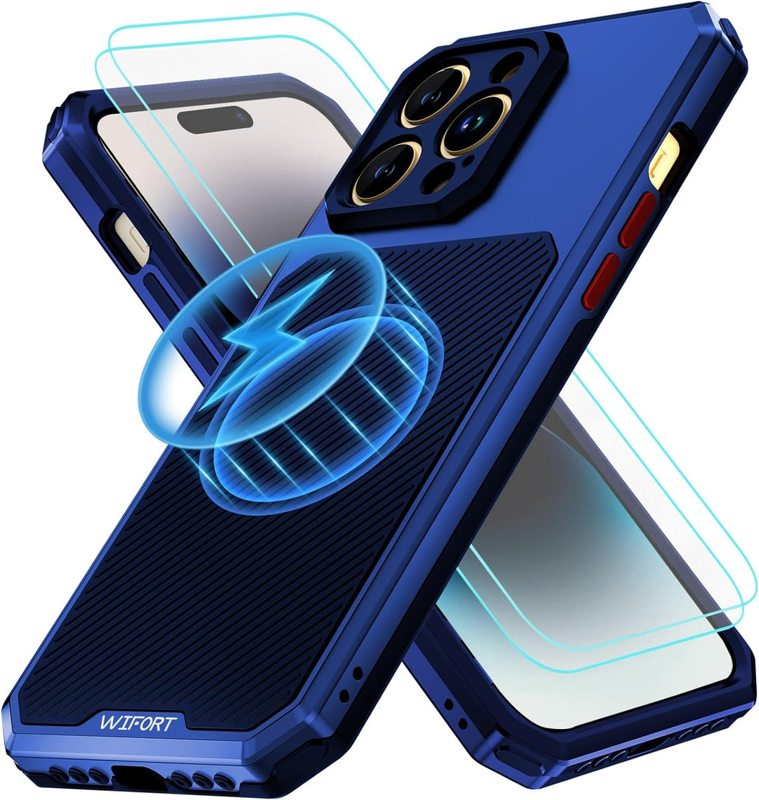 WIFORT Magnetisch Metall Hülle für iPhone 14 Pro Kompatibel mit MagSafe, mit 2 Stück Schutzglas, Mil