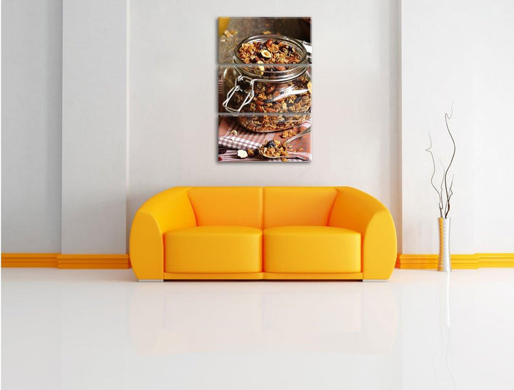 Pixxprint Honig Müsli im Glas 3-Teiler Leinwandbild 120x80 Bild auf Leinwand