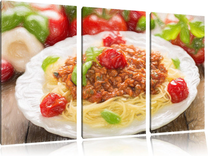 Pixxprint Spaghetti Bolognese auf dem Teller als Leinwandbild/Grösse: 3 Teilig (120x80) cm/Wandbild/