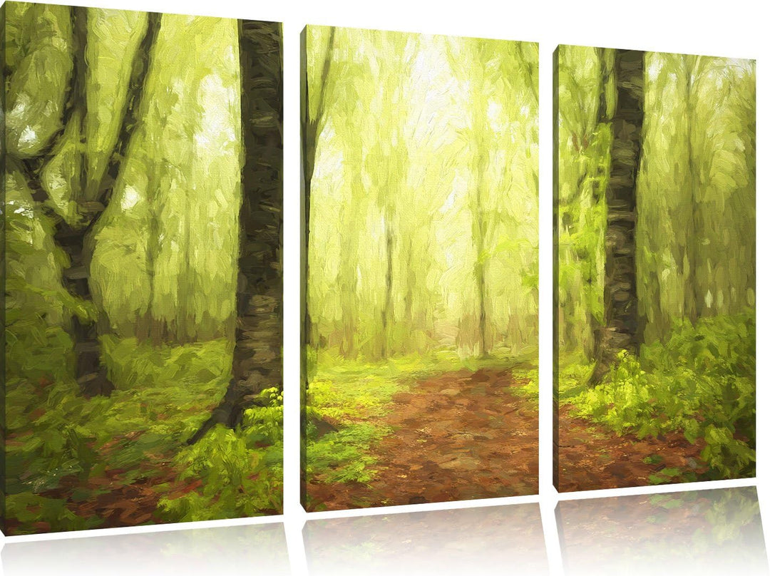 Pixxprint Sonniger Weg im atemberaubenden Wald Pinsel Effekt 3-Teiler Leinwandbild 120x80 Bild auf L