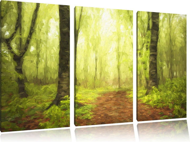 Pixxprint Sonniger Weg im atemberaubenden Wald Pinsel Effekt 3-Teiler Leinwandbild 120x80 Bild auf L