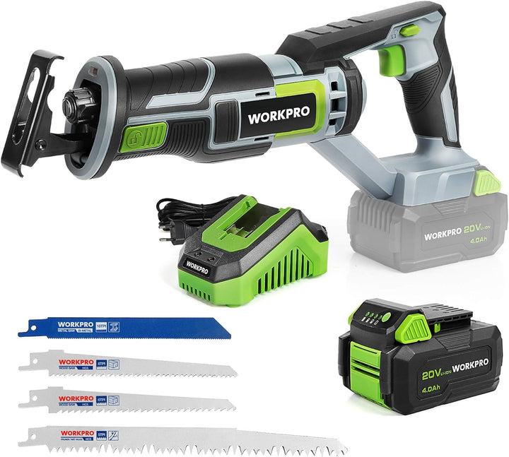 WORKPRO Akku Säbelsäge Kabellose Reciprosäge 20V 4,0 Ah Universalsäge mit 4 Sägeblätter für Holz&Met