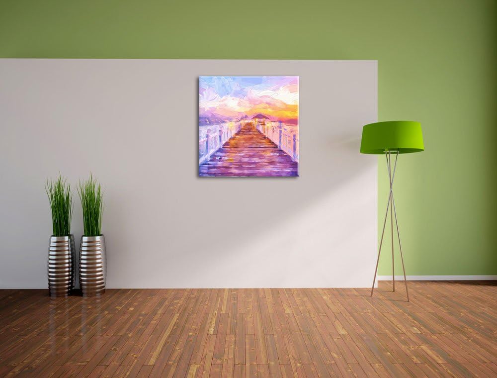 Pixxprint Steg ins Meer bei Sonnenuntergang Pinsel Effekt, Format: 70x70 auf Leinwand, 70x70