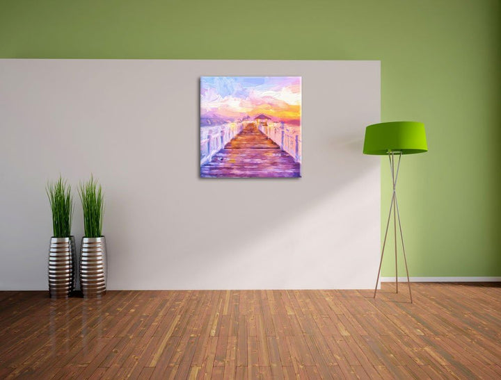 Pixxprint Steg ins Meer bei Sonnenuntergang Pinsel Effekt, Format: 70x70 auf Leinwand, 70x70