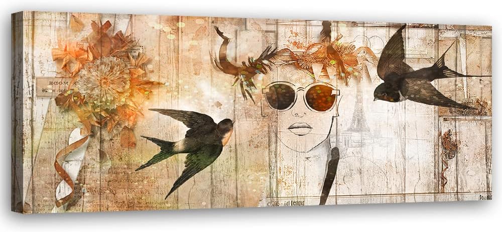 Feeby Bild auf Vlies Leinwand Vögel Sonnenbrille Frau Abstraktion 120x40 cm Kunstdruck Modern Wandbi