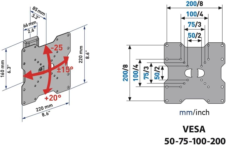 Meliconi CME ETR200, TV-Wandhalterung, Neigbare TV-Halterung, Flachbildschirmhalterung von 26" bis 4