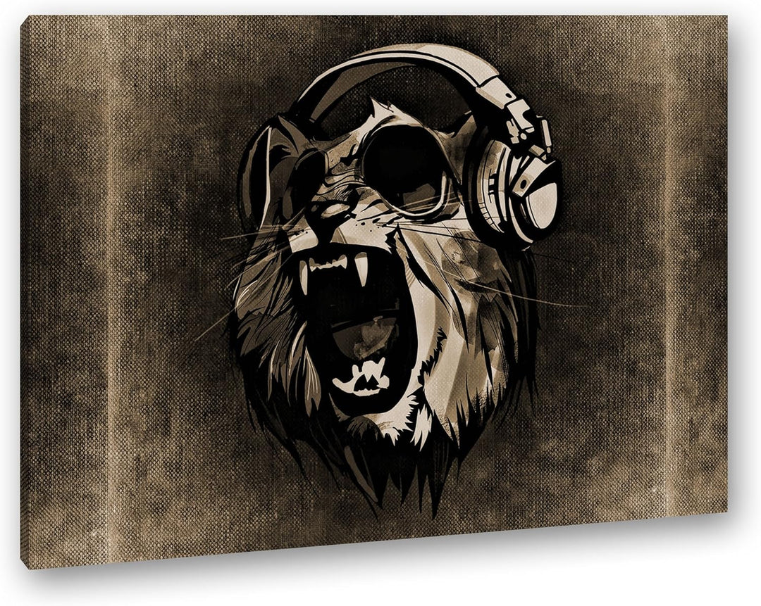 deyoli brüllender Tiger mit Kopfhörern Format: 80x60 Effekt: Sepia als Leinwandbild, Motiv fertig ge