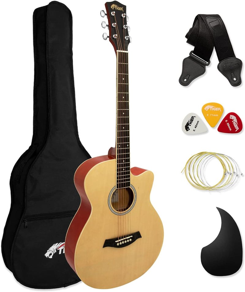 TIGER Akustikgitarre für Anfänger - Natürlich, 4/4, ACG3-NT Natural Volle Grösse Cutaway Single, Nat