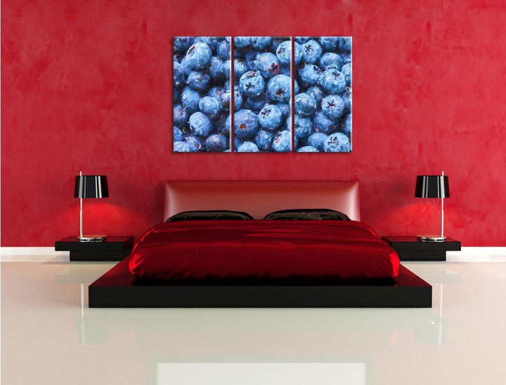 Pixxprint Blaubeeren mit Wassertropfen Kunst Pinsel Effekt 3-Teiler Leinwandbild 120x80 Bild auf Lei